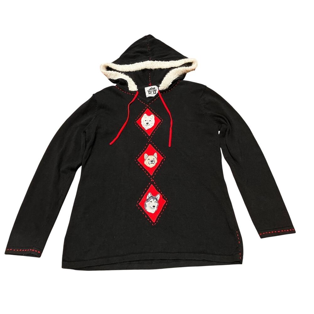 Storybook Knits‎ Women L Wolf Hoodie Sweater  Fleece Lined Pullover Dogs Black